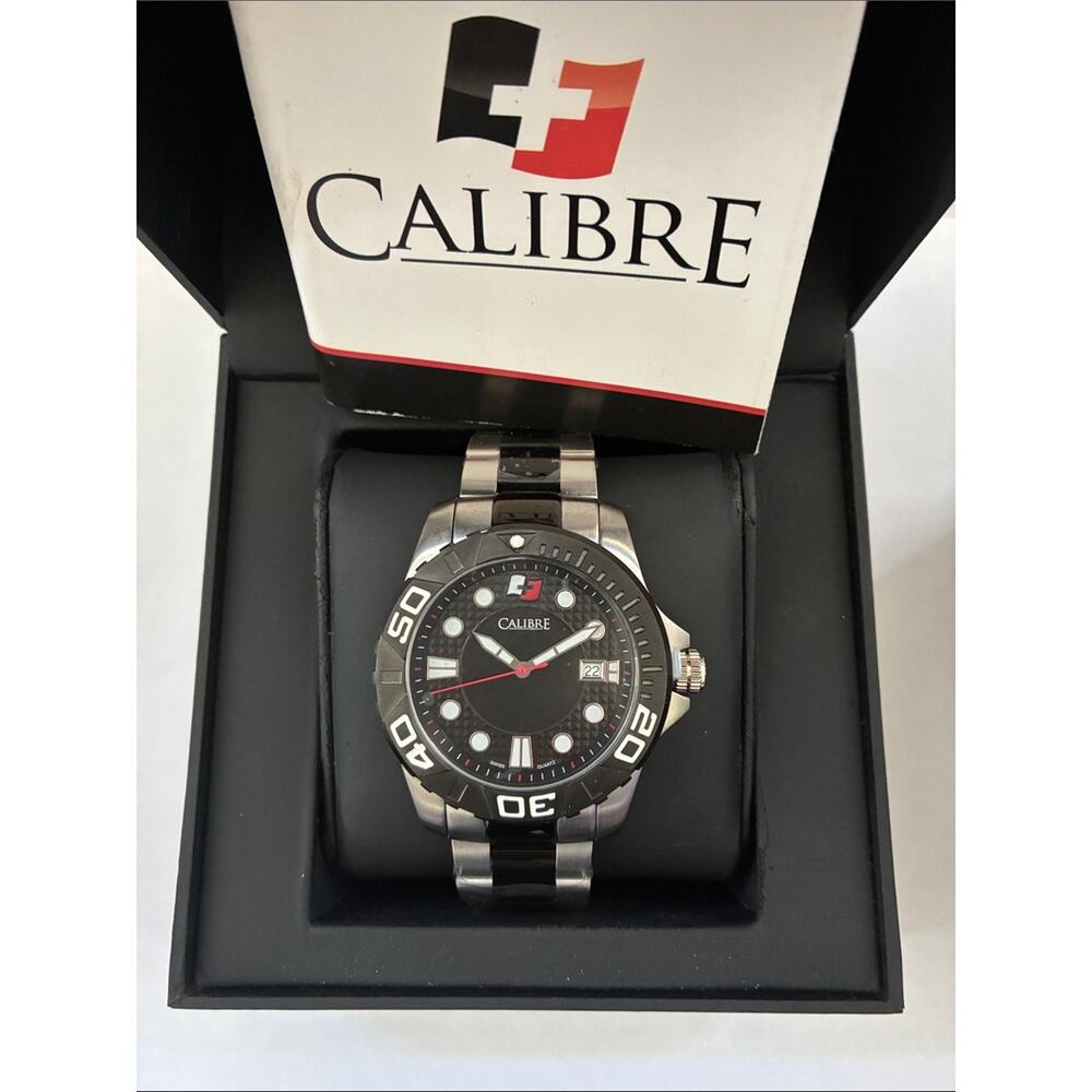 New Calibre Akron Black & Red Accent Stainless Steel Swiss Watch (Complete Set)